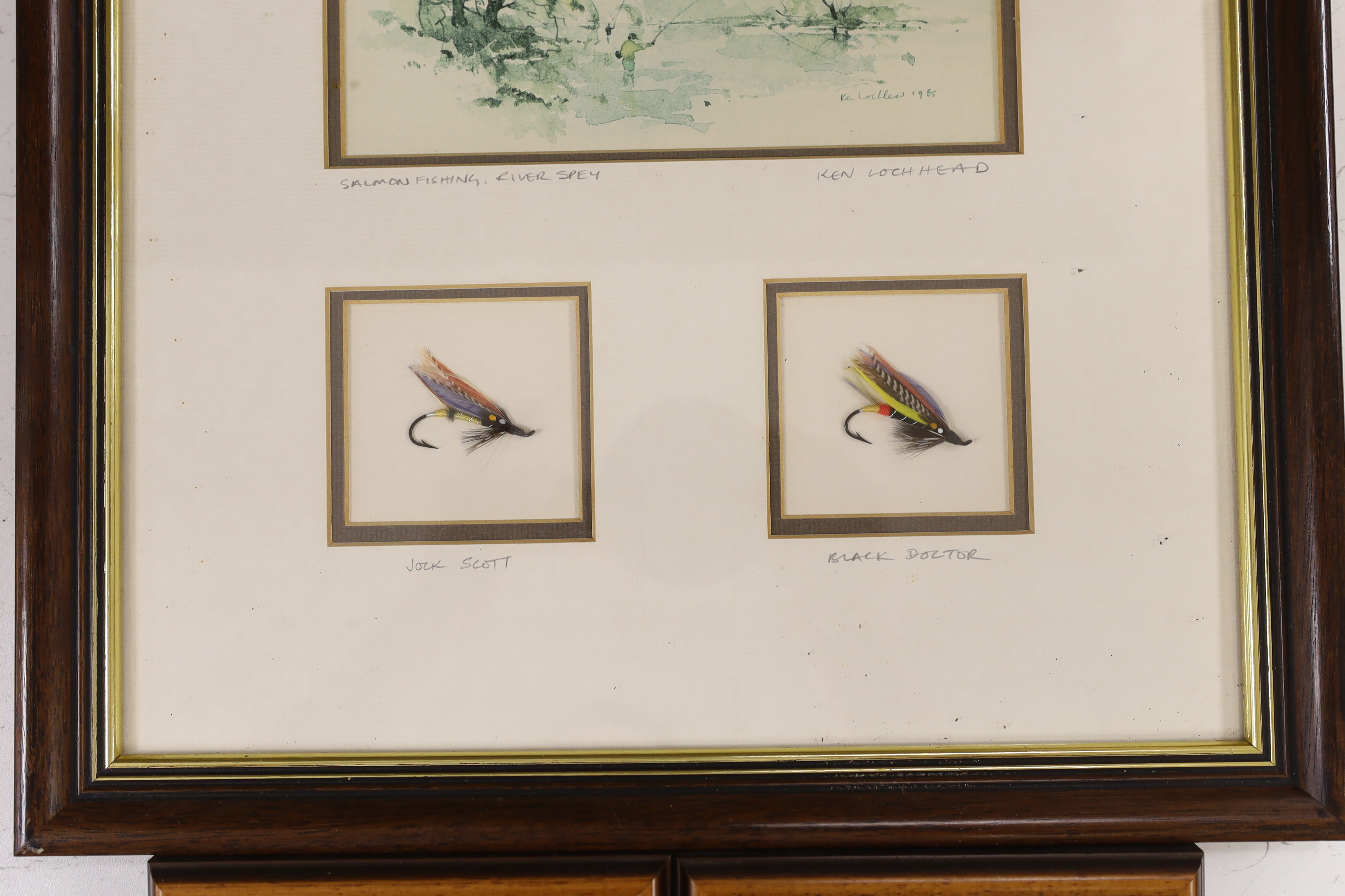 Ken Lockhead, print, Salmon Fishing, River Spey, framed with fishing flies